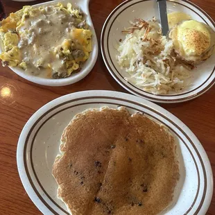 Blueberry Pancake, Breakfast Skillet, and Original Benedict Breakfast