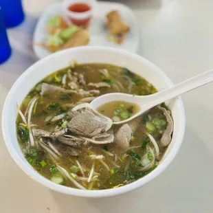 P4: Pho with Round Beef &amp; Brisket Background: Eggrolls