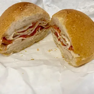 German Kaiser Sandwich ($6.50), with turkey, tomatoes, and no cheese or lettuce -- your choice of meat, condiments, and cheese.