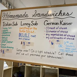 Homemade Sandwiches Menu -- on Wednesday, 24 July 2024