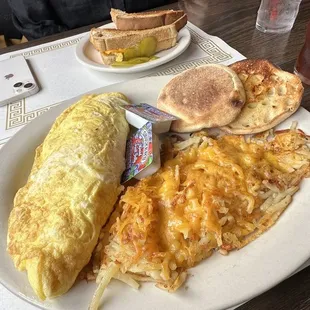 an omelet, bread, and a sandwich