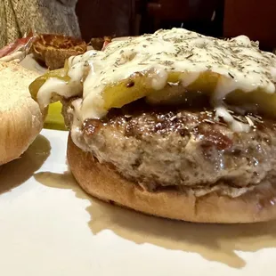 Italian Sausage Burger with roasted peppers, onions and mozzarella