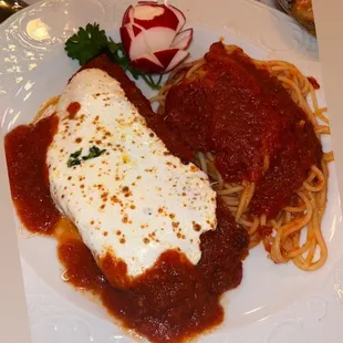 My half size serving of chicken, Parm and pasta because me and my daughter shared it
