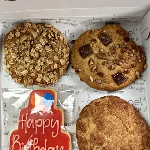 Oatmeal, chocolate pecan, birthday cookie, and snickerdoodle