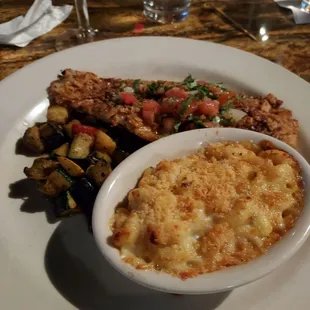 Fish of the day - pecan encrusted redfish, zucchini &amp; yellow squash, Mac &amp; cheese - all delicious