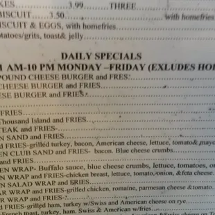 Daily Special menu as of April 21, 2015.