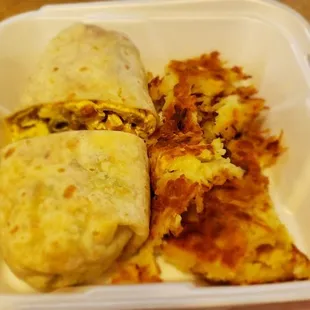 a burrito and hash browns