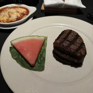 Beautiful filet with a side of cheese ravioli