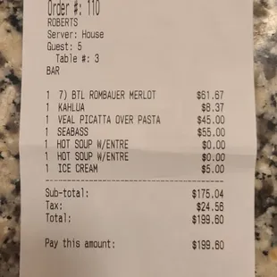 Dinner receipt.  Prices in line with expecations.  $$$