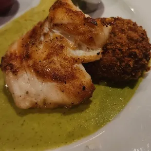 Sea Bass with crab cake was excellent.  Perfectly seasoned and cooked.  Lovely!