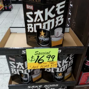 Sake Bomb kit. A cool little party starter....4 beers, 4 sake shots , 4 beer glasses, 4 shot glasses and 4 chopsticks