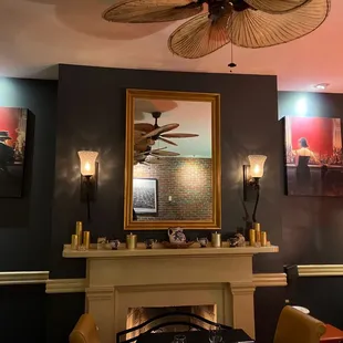 a living room with a fireplace