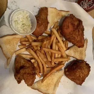 fried chicken, french fries, and coleslaw