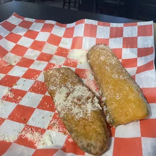 Zucchini. Couldn't wait but the whole thing was solid vegetable with fried coating.  We destroyed this...