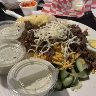 Steak Salad- Had it without Fries:(. But still Delicious and the ranch dressing you could drink it...