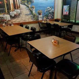 tables and chairs in a restaurant