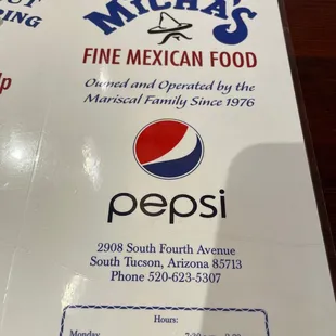 The front of the menu