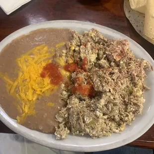 Machaca and Eggs, Beans and Tortilla