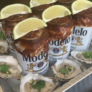 Father's day Special - beers dipped in house chamoy with chile and dozen of oysters $50. Order in advance