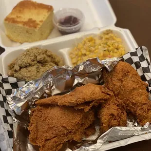 Fried Chicken (3 PC) with Corn Bread Dressing, Southern Fried Corn and Cornbread