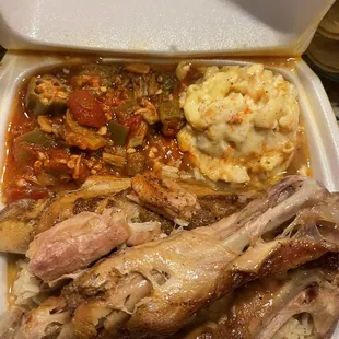 Turkey wings, rice and gravy, Mac n cheese, okra tomatoes