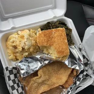 Fried catfish, Mac n cheese, greens &amp; cornbread.