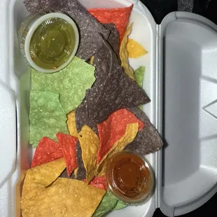 Chips &amp; Salsa.. pretty small salsas. (They should invest in bigger cups, imo.)