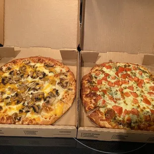 Mushroom melt regular crust pizza and fresh tomato basil pesto on thin crust pizza.