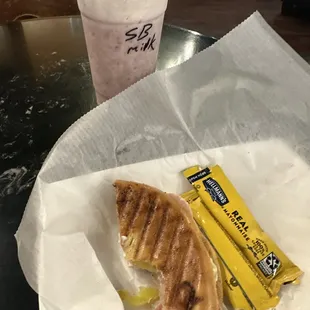 Ham panini and strawberry banana shake