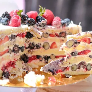 a slice of cake with berries on it