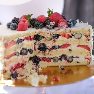 a slice of cake with berries on top