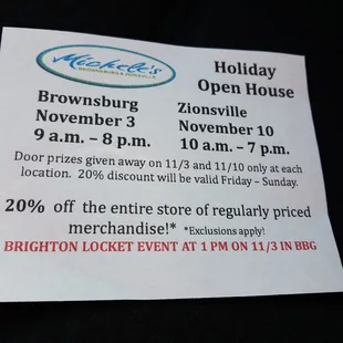 Open house Nov. 3, 2018 from 9:00 - 8:00 pm