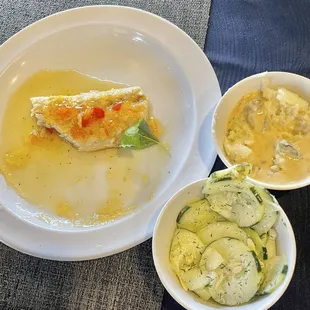 Mahi- mashed potatoes and gravy- cucumber salad with dill sauce