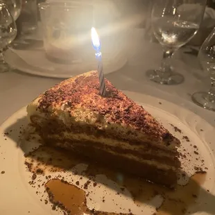 a piece of cake with a lit candle