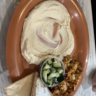 Chicken kabob, amazing humus, feta, cucumbers with hot pita bread! My daughters favorite!!!