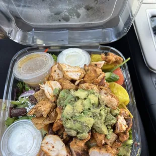 Greek salad w chicken kabob abs added avocado but get the  hicks  shawarma it&apos;s bomb