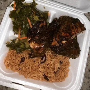 Jerk Chicken, collard greens, rice and beans!!!  Always delicious!!!