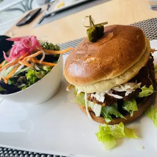 a burger and a salad