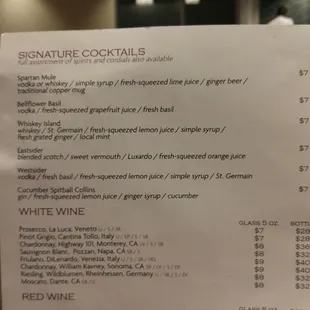 Signature cocktails as of January 2018.
