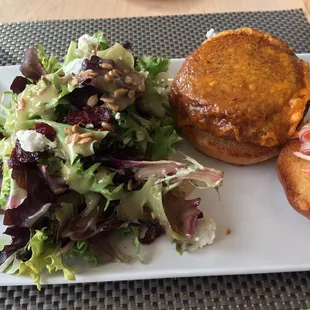 BBQ garbanzo (veggie) burger with side salad.