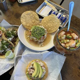 Ceviche tostada, ceviche plate, shrimp cocktail, carne asada tacos