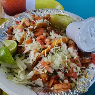 Fried fish tacos, with chowder