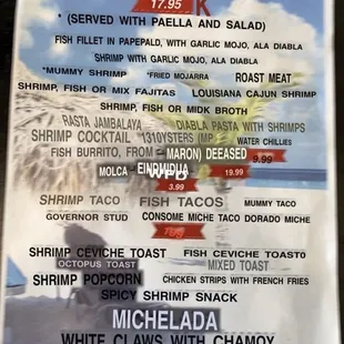 Translated menu to English (mummy shrimp is bacon wrapped shrimp)