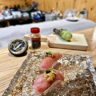 a sushi dish on a cutting board