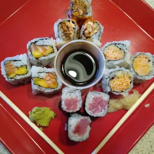 Tuna, Salman Mango, Ginza, and Spicy Crab rolls