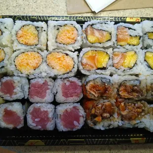 Tuna, Salman Mango, Ginza, and Spicy Crab rolls