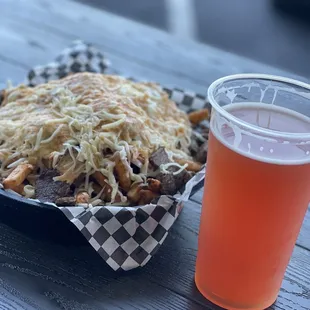 Michi fries and blood orange beer