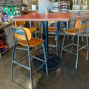 a bar with stools and tables