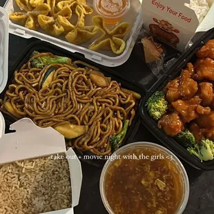 Crab Rangoons, White Rice, Orange Chicken, Fried Rice, Hot and Hot &amp; Sour Soup, Vegetable Lo Mein