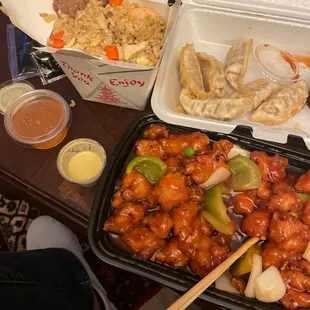 House fried rice, fried pork dumplings, general tso chicken.